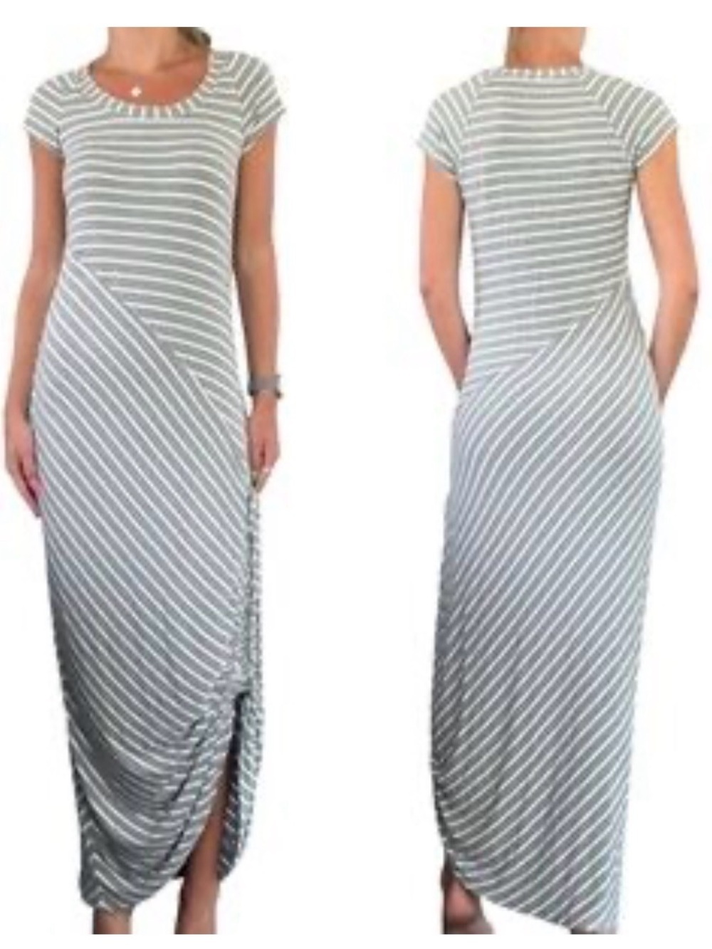 Athleta Dusty Sharkbite Striped Maxi Dress Short-Sleeve Gray and White